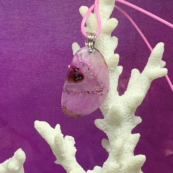 Hand Crafted Jewelry - Pink Druzy Geode Agate Slice Pendant Necklace on Waxed Cotton Cord Handmade
